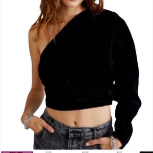 Free People Tell Me About It one shoulder black velvet cropped top EUC